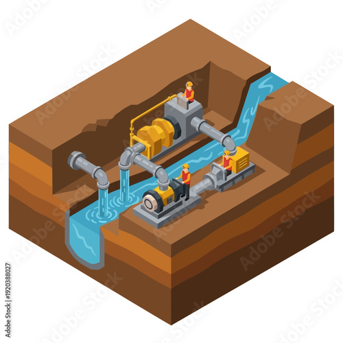 Isometric illustration of a water pumping system with pipes and machinery.