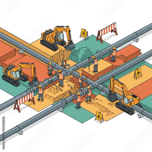 Construction site with workers and heavy machinery on railway tracks.