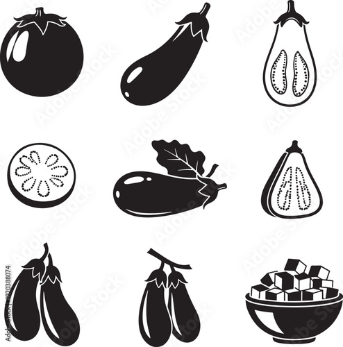 Vegetable and fruit icons collection. Includes eggplant, tomato, pear, citrus, zucchini, and assorted produce. Created in black and white vector style.