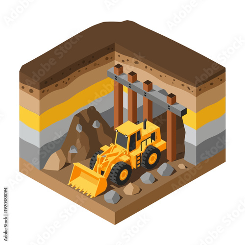 3D illustration of a yellow bulldozer excavating a layered geological formation.