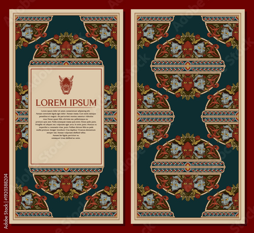 Dark Medieval Decorative Border with Japanese Oni or Devil Masks and Floral Elements