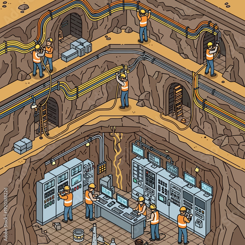 Underground infrastructure workers managing complex systems.