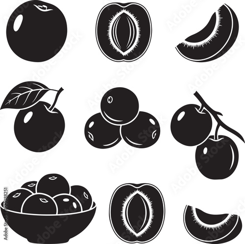 Fruit icon collection. Includes kiwi, plum, cherry, bowl. Created in black and white vector style with simple illustrations