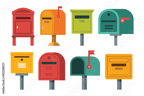 Mailboxes colorful vector illustration, various postbox and letterbox types in cartoon flat style for mail delivery and communication