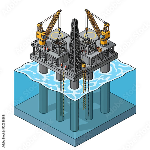 Offshore Oil Rig Platform with Cranes and Drilling Equipment.