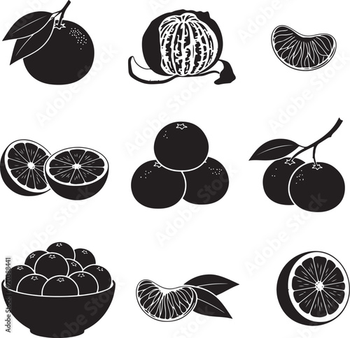 Citrus fruit vector icon set. Includes orange, lemon, lime, and grapefruit symbols. Created in black and white line style with minimal details.