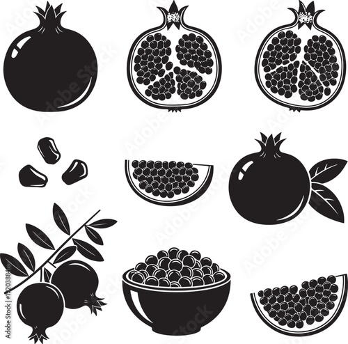 Pomegranate icon collection. Includes pomegranate, fruit, seeds, leaf, and bowl icons. Created in solid black style with white background.