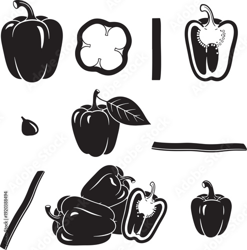 Pepper icon collection. Includes bell pepper, sweet pepper, capsicum, leaf, seed, slice. Created in black vector style with white accents.