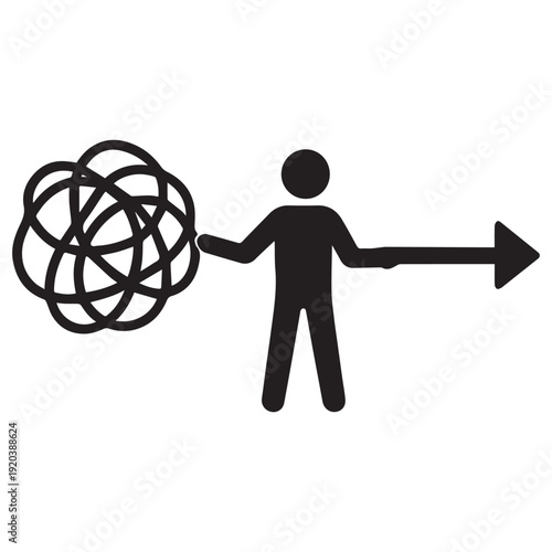 Person with scribble ball and arrow silhouette, symbolizing the journey from chaos to clarity, problem solving, direction, and progress.