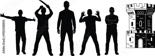 Men silhouette poses and medieval castle tower set, dramatic standing figures flat vector illustration isolated design