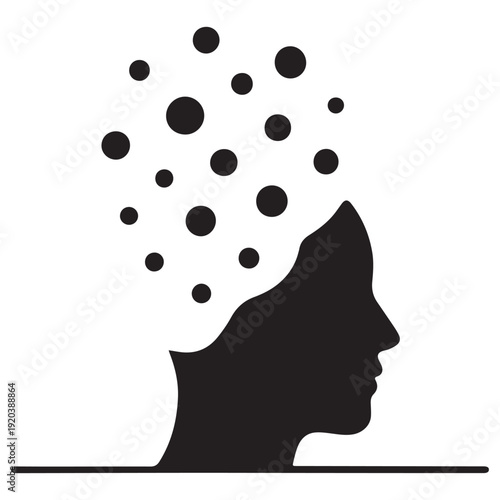 Abstract silhouette of human head with floating circles, symbolizing creativity, imagination, and mental processes in a minimal gradient design.
