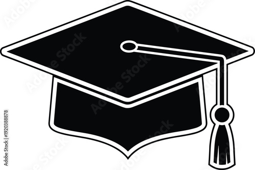 Graduation cap icon illustration, black mortarboard hat isolated on white background for education achievement concept, academic success graphic design