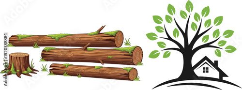 Wood logs and tree house logo design, timber forest nature eco home flat vector illustration isolated