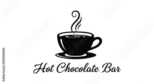 A black silhouette of a steaming hot chocolate cup with accompanying text reading hot chocolate bar silhouette high quality professional detailed