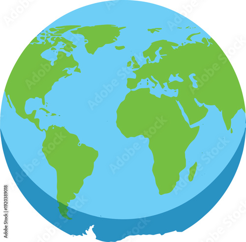 Earth globe illustration, world map planet icon isolated on white background for global communication concept, geography education graphic design