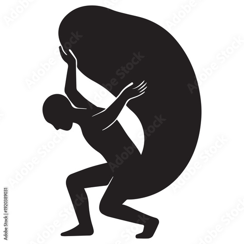 Person lifting heavy shadow silhouette, concept of emotional release and mental relief, minimal flat vector, solid black on white background.