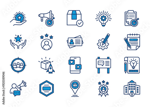 Branding thin blue icon set. Containing marketing, product, innovation, strategy, brand values	
