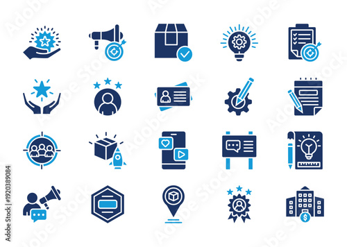 Branding thin solid icon set. Containing marketing, product, innovation, strategy, brand values	

