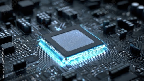 A close-up of a glowing microchip mounted on a circuit board with intricate electronic components and connections.