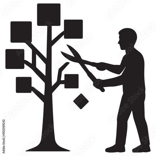 Person pruning geometric tree silhouette, abstract vector for growth, decision making, data optimization, and personal development concepts.