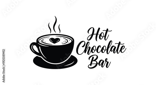 A black silhouette of a hot chocolate mug with steam and lettering evoking a cozy winter scene silhouette high quality professional