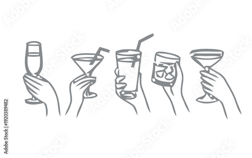 Hands holding various cocktail glasses with straws and ice
