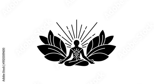 Meditating Person in Lotus Position with Radiant Leaves Yoga Logo, isolated white background.