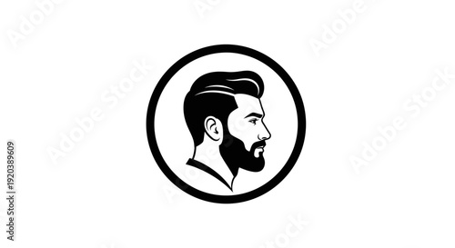 Profile of Stylish Man with Beard and Modern Hairstyle in Circle, isolated white background.
