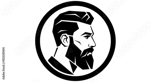 Profile of Stylish Man with Beard and Modern Hairstyle in Circle, isolated white background.