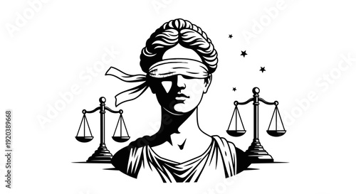 Blindfolded Lady Justice Holding Scales and Sword, isolated white background.