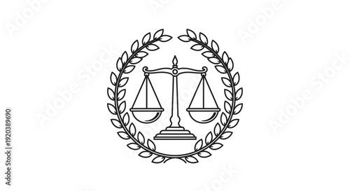Classic Scales of Justice with Laurel Wreath Logo, isolated white background.