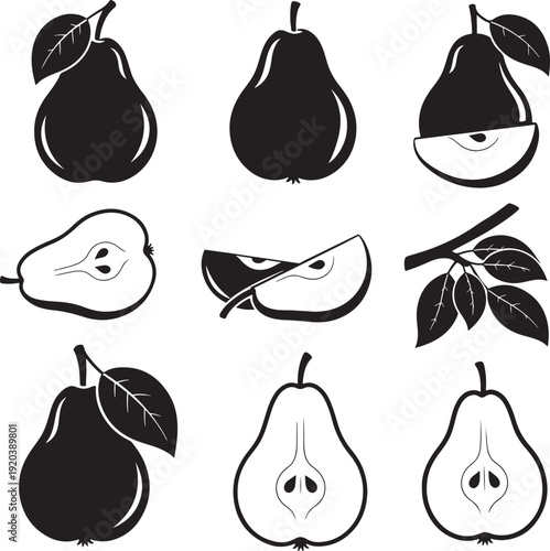 Pear icon collection. Includes pears, pear slices, leaves. Created in black and white vector style.