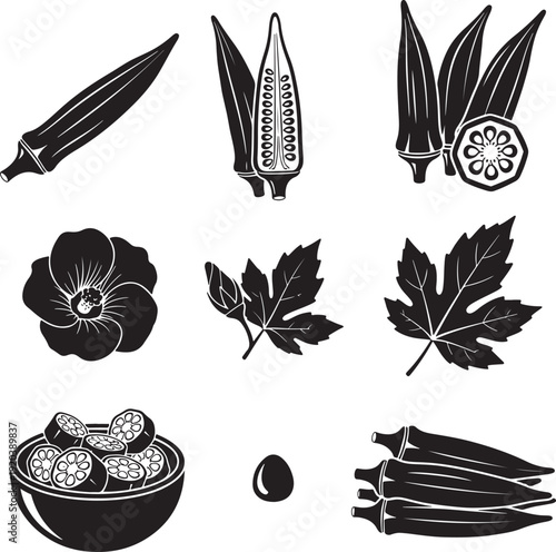 Okra vector icon collection. Includes okra pod, corn, leaf, flower, bowl of okra, and seed. Created in line style with black and white palette.