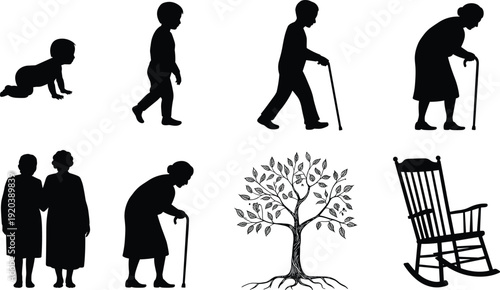 Human life stages silhouettes collection, baby child adult senior aging process family generation tree rocking chair illustration