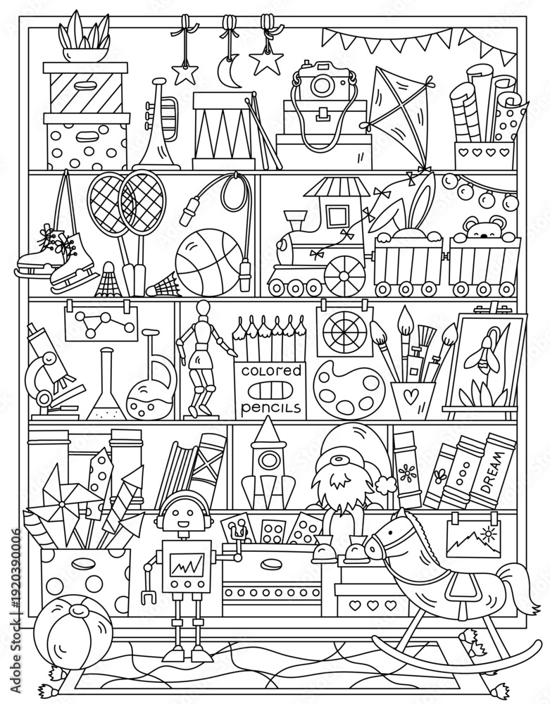 Obraz premium Shelves With Toys Art Supplies And Musical Instruments In Kids' Room And Adult Coloring Page