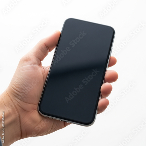 Hand Holding Modern Smartphone with Blank Black Screen Against a Clean White Background, Ready for Custom Content