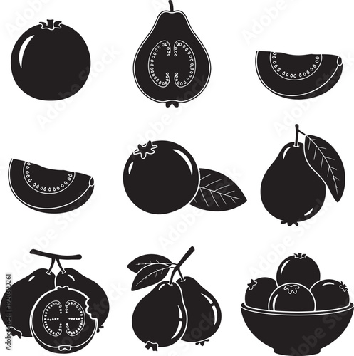 Fruit icons collection. Includes pomegranate, plum, and watermelon symbols. Created in black silhouette style with white outlines.