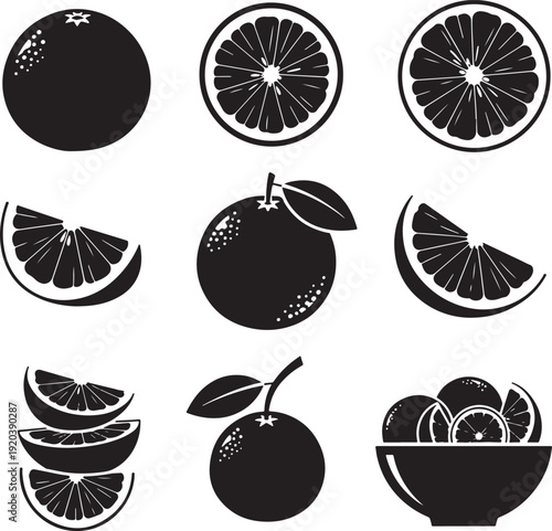 Citrus fruit vector icon set. Includes orange, lemon, lime, and grapefruit. Created in black silhouette style with white accents.