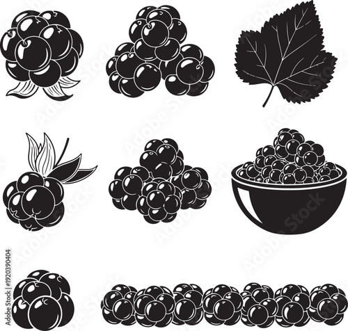 Blackberry icon collection. Includes blackberries, bowl of blackberries, and blackberry leaf. Created in monochrome vector style with black and white palette