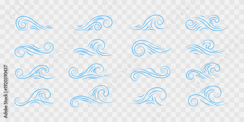 Set of vector line icons of blue sea waves in decorative swirl style isolated on transparent background. EPS 10