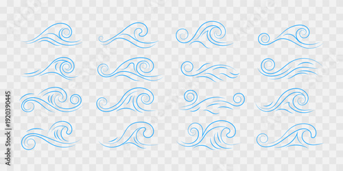 Set of elegant vector sea wave icons, blue decorative swirls and water strokes isolated on transparent background. EPS 10
