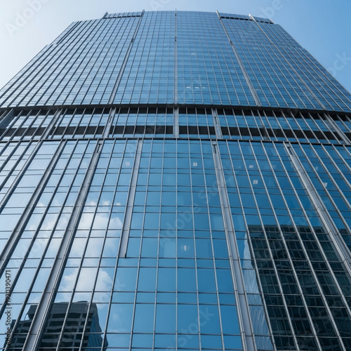Modern Skyscraper Facade with Reflective Blue Glass and Sky, Looking Up