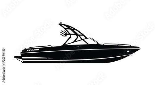 A striking black silhouette of a recreational motorboat with a tower showcasing its sleek design silhouette high quality professional detailed modern