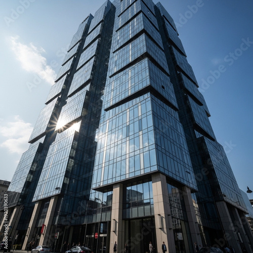 Impressive Modern Glass Skyscraper Reflecting Sunlight Against a Clear Blue Sky, Symbolizing Contemporary Urban Architecture and Business Success.