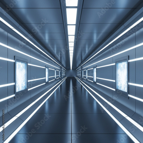 Long Futuristic Empty Science Fiction Corridor with Glowing Neon Lights and Abstract Screens in a Modern Technology Concept, Creating a Cyberpunk Atmosphere.