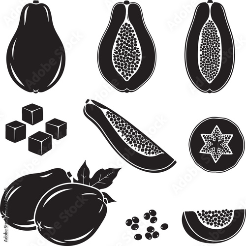 Black and white sesame seed icon collection. Includes sesame seeds, cubes, star of David, and fruit. Created in simple line style with monochromatic palette.