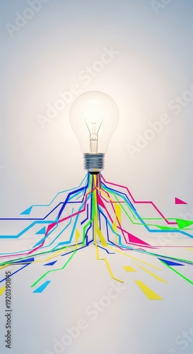 A bright conceptual lightbulb representing a new breakthrough idea powered by geometric abstract data streams on a clean studio white, progress, strategy, creativity
