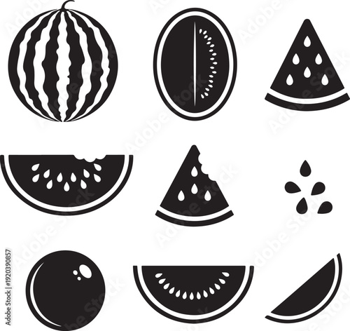 Watermelon vector icon set. Includes whole melon, slices, seeds, and wedges. Created in simple black style with white background.