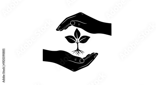 Hands Protecting Plant Silhouette Vector Eco Care Symbol on White Background