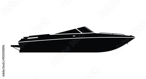 A sleek black outline of a powerboat is presented against a white background offering a striking silhouette high quality professional detailed